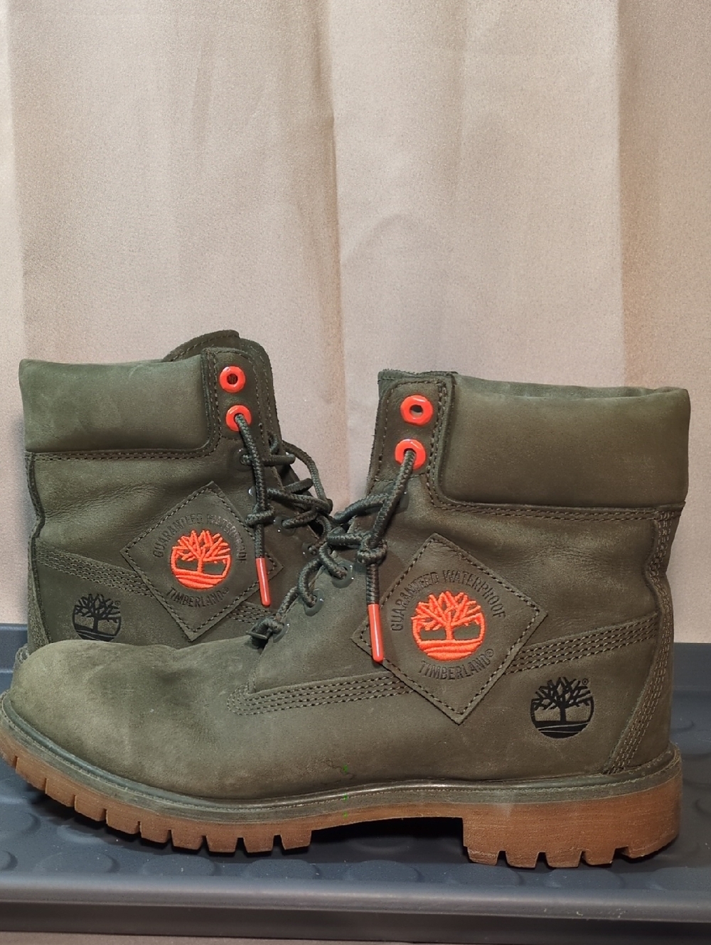 Timberland Premium Vintage Olive Green Leather Boots with Orange Accents